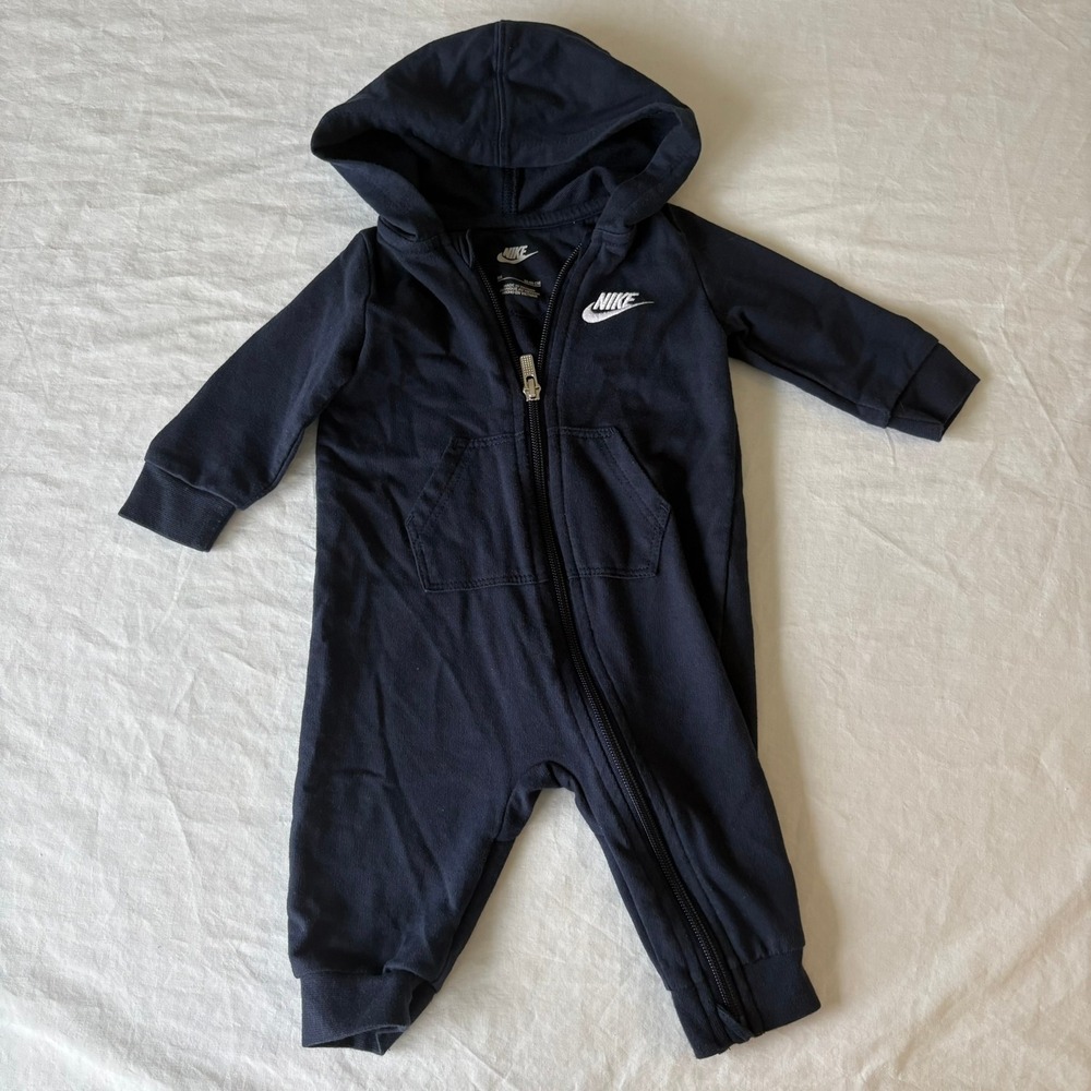 Nike Baby Boys Navy Blue Full Zip Hooded Fleece Coverall Romper 6M 6‎ Months